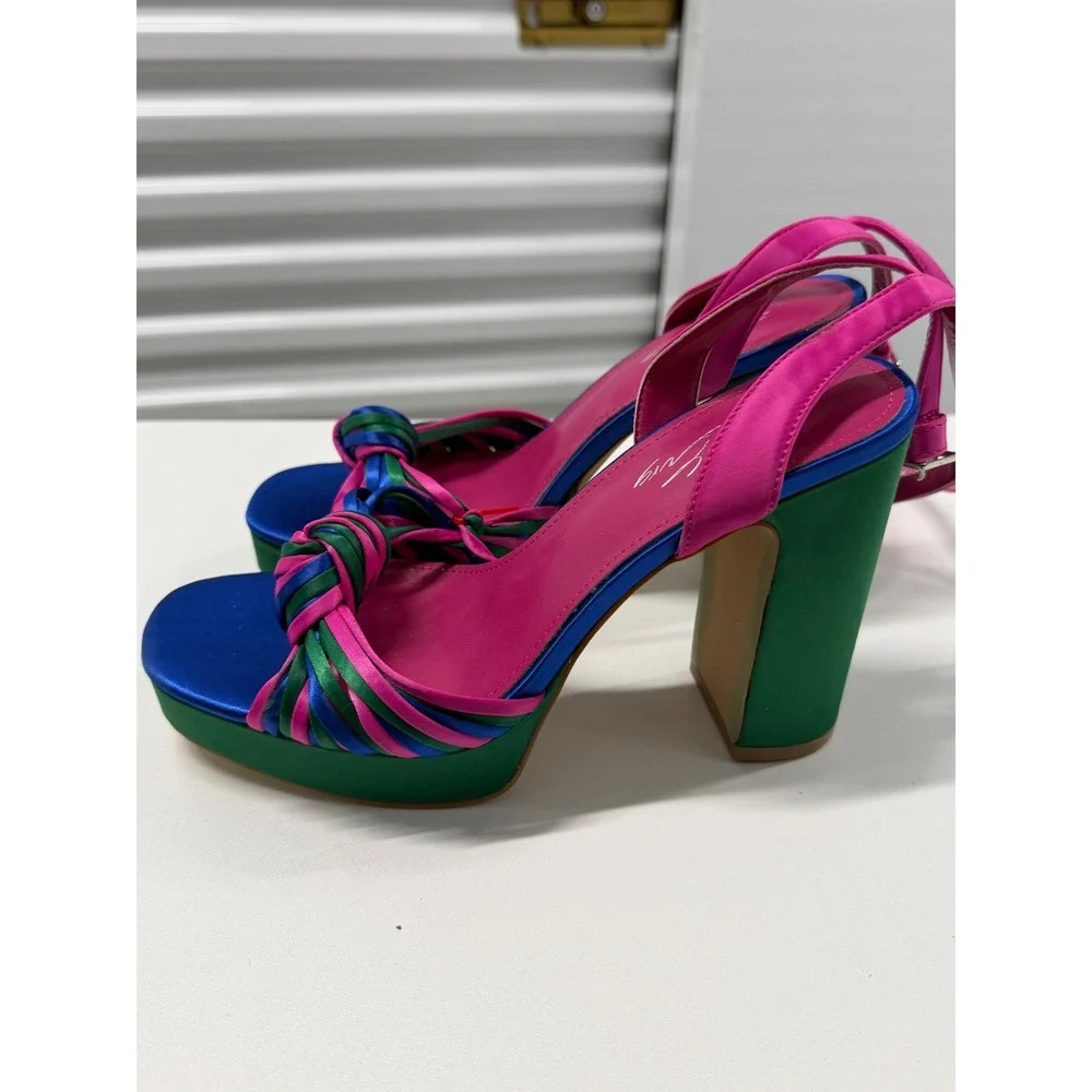 Shoe Envy Multi-Color Satin Platform Block Heels Pink Blue Green Size 6.5